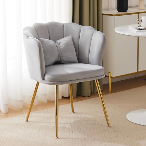 FAYICIC Sillón de salón moderno de terciopelo, silla de cuenco, interior acogedor, respaldo floral, patas metálicas doradas, cojín de mariposa, gris (1)