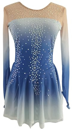 LIUHUO Figure Skating Dress Girls' Long Sleeves Competition Perform Womens Elegant Handmade Crystal, Blue, 7-10 Years