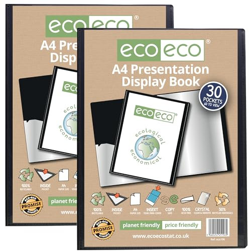 eco-eco Präsentationsbuch, A4-Format, 50% recycelt, 30 Hüllen, schwarz, Aufbewahrungsetui, Kunstmappe mit Kunststoffhüllen, 2 Stück, eco196 x 2