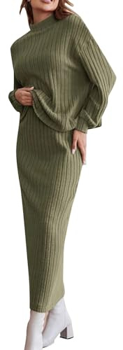 Conjunto de dos piezas para mujer de punto acanalado - Top de manga larga con cuello redondo y falda midi ajustada, conjunto de dos piezas, vestido de punto con cuello de tortuga, conjunto para