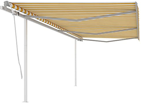 Tenda da Sole a Braccio Articolato, 6x3m Giallo-Bianca, Tessuto Poliestere UV e Struttura Alluminio, Estensibile con Pali e Manovella, per Giardino e Balcone