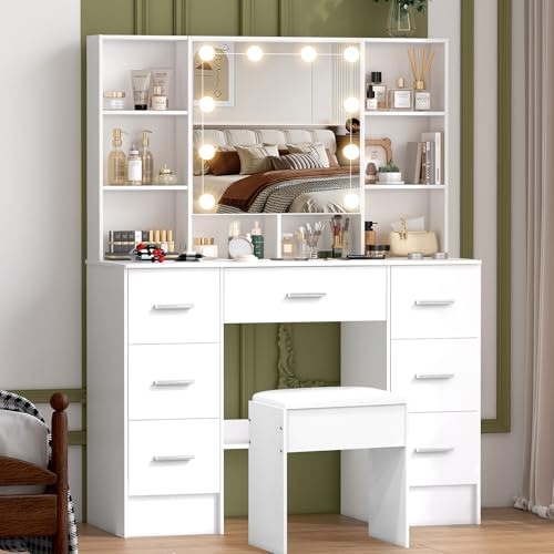 Puselo Tavolo da toeletta con illuminazione e specchio, grande tavolo cosmetico con sgabello, 7 cassetti, 8 ripiani, tavolo da trucco moderno per camera da letto 100 × 40 × 140 cm