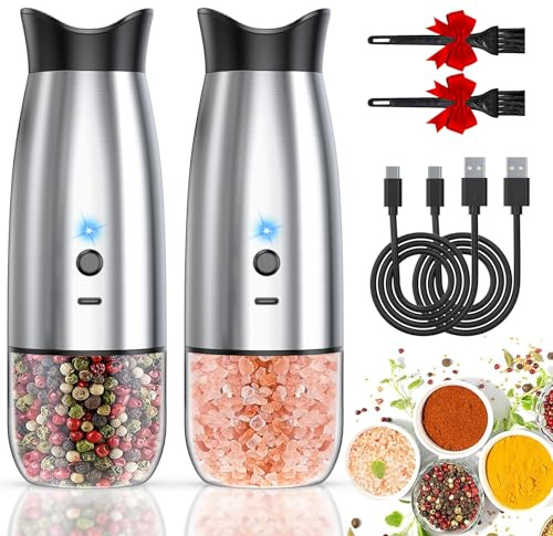 Electric Salt and Pepper Grinder Set, Rechargeable Automatic Pepper Mill Grinder with LED House Warming Gifts New Home, USB Adjustable Coarseness shakers, One-Hand Operation for Kitchen Appliances
