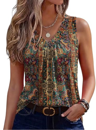 Zeagoo Womens Tank Tops Summer Sleeveless Loose Fit Tops V Neck Pleated Floral Shirts Basic Tees Dressy Casual Trendy Clothes