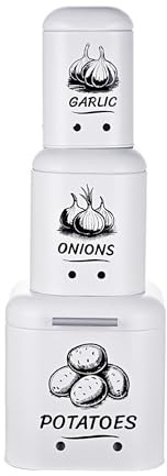 Relaxdays Kartoffel Aufbewahrungsbox, Zwiebeln, Knoblauch, 3er Set, mit Deckel & Löchern, Metall, Zwiebeltopf, weiß
