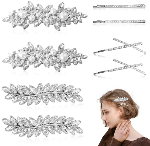 YinnFeen Fermagli per Capelli con Strass Argento, 8 Pezzi Accessori per Capelli da Sposa, Eleganti Mollette con Strass Brillanti per Donna Matrimoni Feste Uso Quotidiano