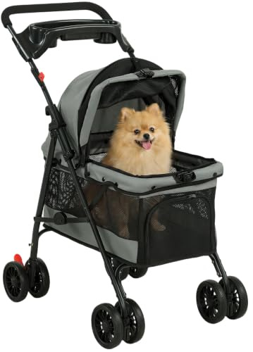 PawHut Poussette pour Chien 4 Roues EVA Pliable pour Petits Chiens Gris