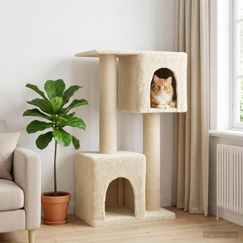 LoogCape Katträd med klöspelare, grädde i sisal, 114 cm, stabilt klättertorn för lägenhet, med grotta, liggfördjupning, hängmatta, takhög, för flera katter, inomhusleksaker, trä, robust