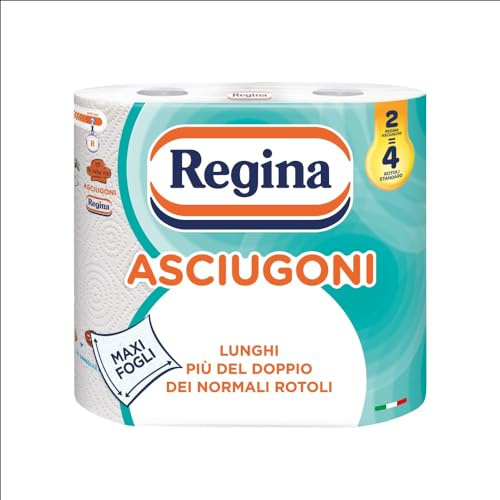 Regina Asciugoni Carta Cucina, Confezione da 2 Rotoli a 2 veli, 100 strappi per rotolo, Maxi fogli, Lunghi più del doppio dei normali rotoli, Carta 100% certificata FSC