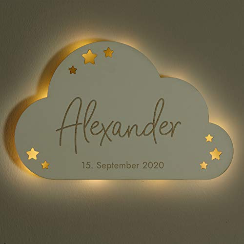 LAUBLUST LED Schlummerlicht Baby - Wolke Design, Weiß - Personalisiertes Geschenk zur Geburt & Taufe | Serie: Niers