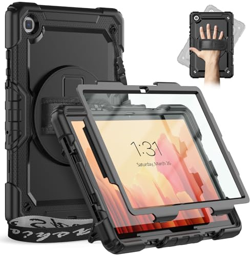 Timecity Hülle für Samsung Galaxy Tab A7 10,4 Zoll 2022/2020 SM-T500/ T505/ T507 Stoßfeste Schutzhülle mit Displayschutz Handschlaufe Schultergurt Drehbarer-Ständer Stifthalter Outdoor - Schwarz
