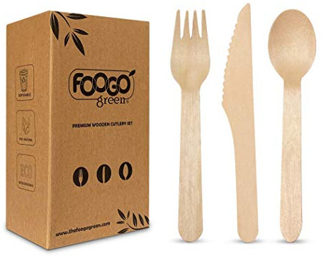 FOOGO Green 75pcs Disposable Wooden Cutlery Set, FSC® Certified, 25x Forks 25x Spoons 25x Knives, 16cm, Biodegradable Compostable, Eco Friendly, Party Picnic, Like Bamboo