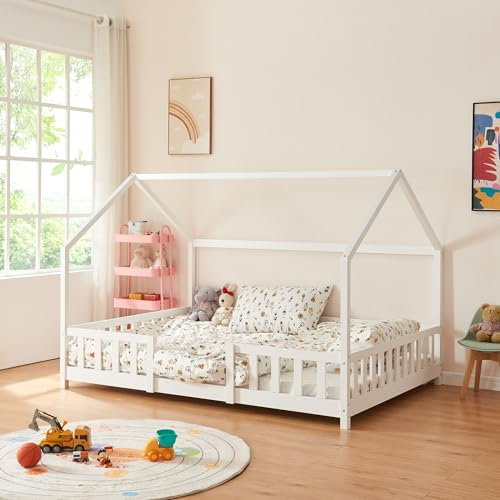 [en.casa] Kinderbett Sisimiut Hausbett Montessori 140 x 200 cm mit Rausfallschutz Holzbett für Kinder Bodenbett Lattenrost Kiefernholz Weiß matt