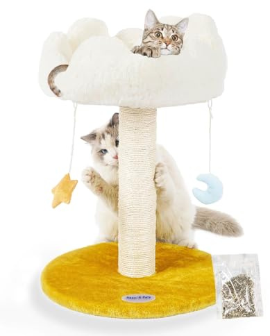 Happi N Pets Cloud Cat Scratching Post with Bed, Small Cat Tree for Kittens, Scratch Post with Cloud-Shaped Soft Perch & Cute Toys, Removeable Cover, Bounus Catnip