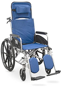 QUIRUMED Silla de ruedas de aluminio con reposacabezas y reposapiés elevable, Plegable, Ligera, Para minusválidos, Para personas mayores, Color azul, Cabezal extraíble, Antivuelco