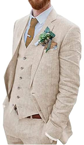 Costume de mariage 3 pièces en lin pour hommes, deux boutons, smoking simple boutonnage, revers en pointe, costume d’affaires, style décontracté, beige, 60
