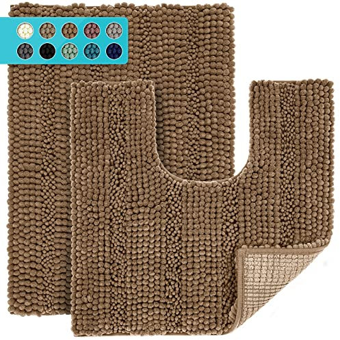 JARITTO Badezimmerteppich Set 2 Teilig rutschfest für Badewanne, Dusche und Badezimmer & Wc Vorleger mit Ausschnitt U-Förmige Waschbar Mikrofaser Saugfähig - 43 x 61 cm + 51 x 51 cm (Braun)