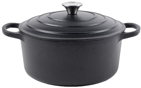 Casseruola in ghisa smaltata da 6 litri con coperchio, con doppi manici grandi, adatta al forno fino a 260 °C, classica pentola rotonda per una cottura versatile (nero opaco (senza smalto), 6 QT)