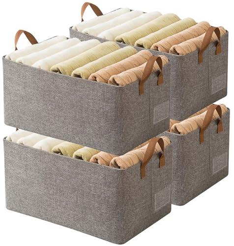 AARAINBOW Closet Storage Baskets 4 Pcs, Foldable Fabric Storage Baskets for Shelves, Stackable Closet Clothes Organizer with Steel Frame & Handle, 23L (4 Gray)