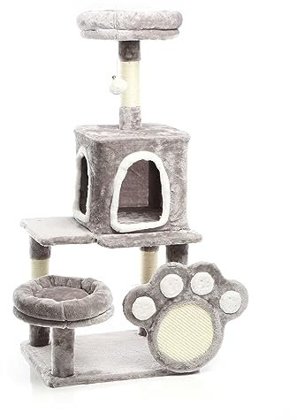 Fudajo Kratzbaum mit Pfoten-Kratzbrett Grau 111 cm, Katzenkratzbaum mit Katzenhaus und Liegeflächen, Katzenbaum mit Spielball, Kletterbaum für Katzen