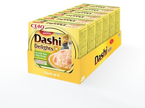 INABA Dashi Delights - bitar i en boniatflingbuljong med kyckling/tonfisk/kammusslor - 6 x 70 g - topping - proteinrik - naturliga ingredienser - läckra och hälsosamma - kattpasta
