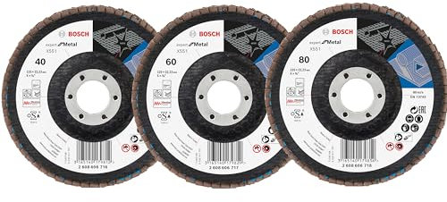 Bosch 3 tlg. Fächerschleifscheiben Set X551 Export for Metal (für Stahl, Gusseisen, Stahlblech, Abgewinkelt, Ø 125 mm, Körnung 40/60/80, Professional Zubehör Winkelschleifer)