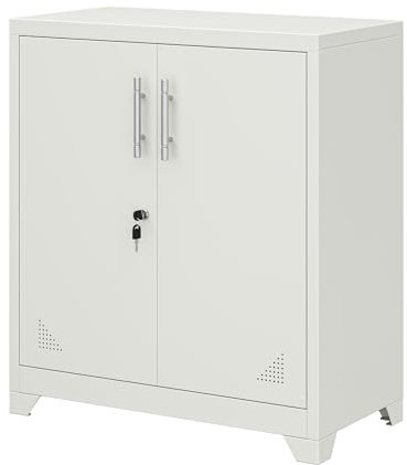 YITAHOME Office Storage Cabinet, Metal Office Storage Cupboard with 2 Adjustable Shelves, 80 x 40 x 90cm, Lockable Filing Cabinets with Ventilation Holes for Home Office Garage Gym School, White