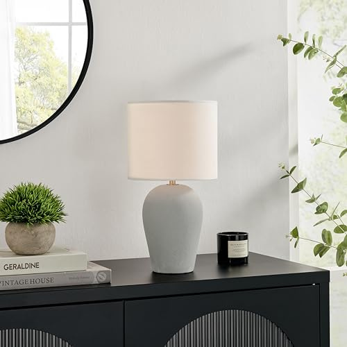 Furniturebox UK Table Lamp - Thea - Modern Desk Table Light - Grey Concrete Effect Base - White Linen-Look Fabric Shade - Minimalist Industrial Lighting - Living Room Office or Bedside Lighting