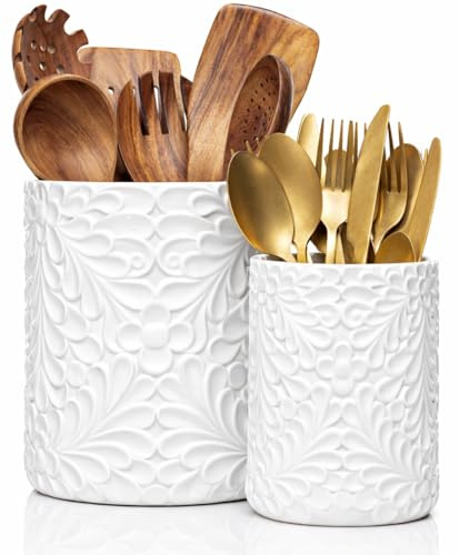 25DOL Large 7.3+5.4 Engraved Ceramic Utensil Holder for Countertop, Cooking Utensils Organizer for Spatula, Large Utensils Crock for Kitchen Counter, Kitchen Decor, set of 2, White