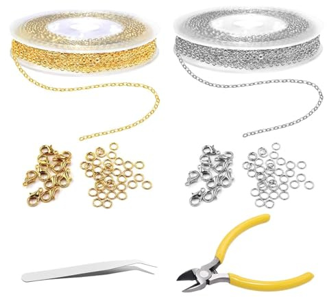 Carreneu 2 rotoli da 5 m, catena a maglie in oro argento, catena in acciaio inox al metro, con chiusura a moschettone e anelli di piegatura, catena fai da te con pinzette (oro, argento).