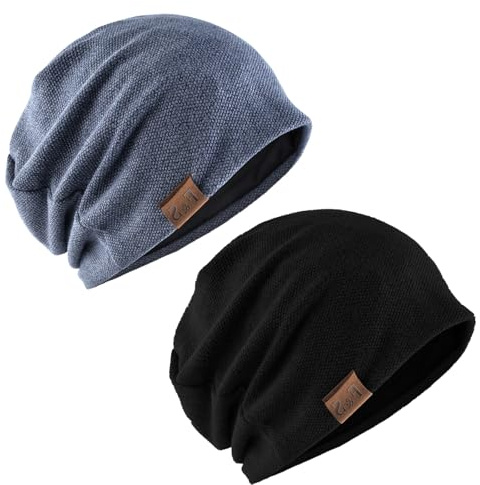 Shengxi 2 Piezas Gorro Slouch Beanie para Hombres y Mujer Transpirable y Ligero Gorro Invierno Esquí Holgados Sombrero Tejer Cráneo Sombreros para Deporte Corriendo de Invierno (Negro Azul)