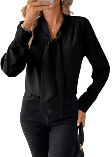 Women's Bow Tie Neck Long Sleeve Dressy Elegant Tie Neck Blouse Shirt Tops, Casual Office Work Blouse Tops (Black,L)