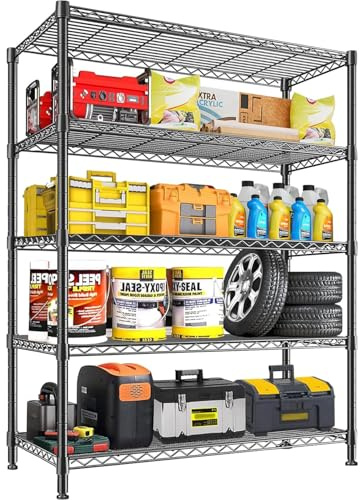 KZOBYD Lagereinheit mit 5 höhenverstellbaren Regalböden, 500 kg belastbar, Standregal aus Metall, 5 Ablage Schwerlastregal, Metallregal Küchenregal Garagenregal Lagerregal (Schwarz, 115 x 45 x 180 cm)