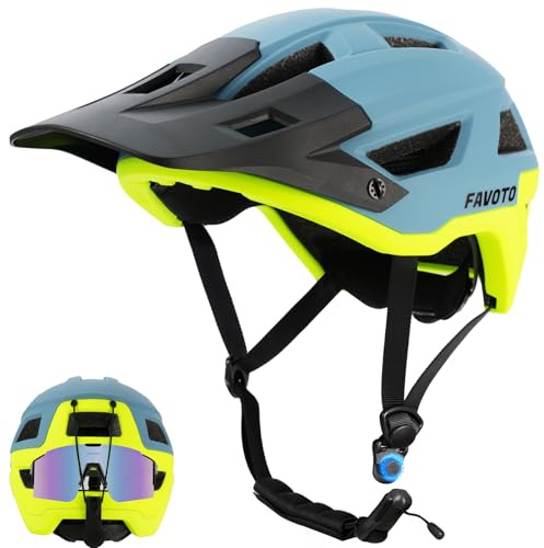 Favoto Fahrradhelm Mountainbike mit Schirm Leicht - Doppelte Technologie Inmould MTB Helm für Herren Damen Rennradhelm Blau Gelb L(59-61cm)