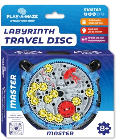 Play-a-Maze 3115278 kullabyrint pusselspel, Travel Disc Master, 3D-tålamodsspel med kugghjul för avancerade, resespel för vuxna och barn från 8 år