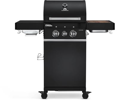 BURNHARD® Gasgrill 2-Brenner 900°C Infrarot-Keramikbrenner, Edelstahl-Grillrost, klappbare Seitentische, Grillabdeckung, Schwarz – FRED Jr. Deluxe – Series 3