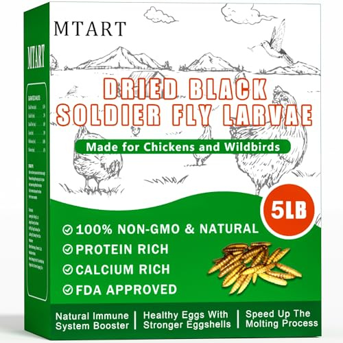MTART 5LB Dried Black Soldier Fly Larvae Treat for Chicken, 100% Natural Non-GMO More Calcium Than Dried Mealworms High Protein Chicken Feed for Birds, Ducks, Layer Hens