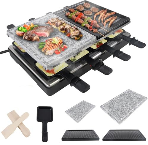 SUBTLETY Raclette para 8 personas, 1400 W, juego de parrilla eléctrica con placa de granito, sartenes antiadherentes, placa reversible, 8 bandejas pequeñas y 8 espátulas de madera, parrilla de mesa de