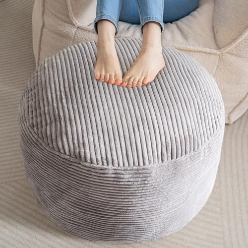 HIGOGOGO Corduroy Beanbags Runder Fußhocker Sitzsack Pouf mit Schaumstoff Chunk Füllung, 65x45cm Bodenpoufs Fußstütze für Wohnzimmer, Grau