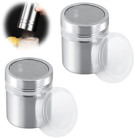 2 Pièces Saupoudreuse en Acier Inoxydable,Shaker Multiusage,Avec Couvercle,pour Sucre Glace,Cacao,Farine et Épices,Idéal,Pâtisserie,Café et Cuisine