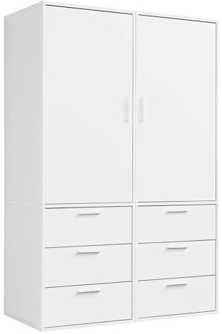 mokebo Kleiderschrank (120x187 cm) aus Holz 2-türig & 6 Schubladen 'Der Grenzenlose' modularer & kombinierbarer Schlafzimmerschrank, Garderobenschrank, Flurschrank, Drehtürenschrank, Schrank in Weiß