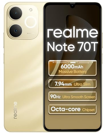 realme Note 70T 4G 4+64GB Smartphone, 6.75 Pulgadas Pantalla, Oro, 90Hz Display, 6000mAh Batería, 32MP Cámara, Potente Procesador Octa-Core, Protección ArmorShell, IP54