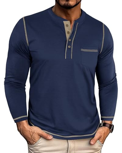 YawYews Tee Shirt Homme Manches Longues Tshirt Henley Col Tunisien Coton Polo Long Sleeve Regular Fit Bleu L