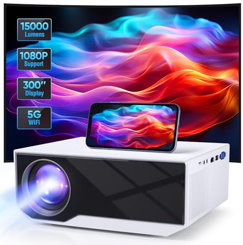 Mini projecteur, Prise en Charge WiFi Double Bande et Bluetooth 5.2, projecteur Home cinéma Full HD 1080P, Taille de Projection de 200 Pouces, Compatible avec Plusieurs appareils (Android/iOS/clé TV)