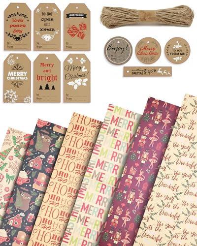 Kraft & Co - Christmas Wrapping Paper 12 Sheets - Recycled Kraft Gift Wrap Sheets 50 x 70cm, 6 Festive Holiday Designs with Tags & Twine, Eco Friendly, Biodegradable & Recyclable, Buzz