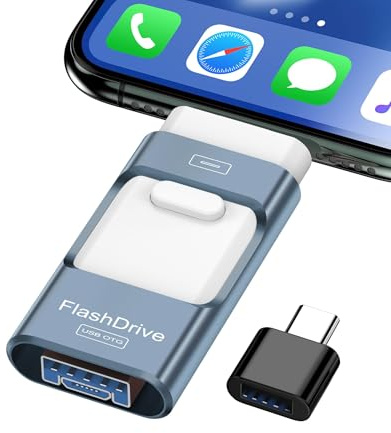 ZARMST Memoria USB 256GB para i-Phone y Android, Pendrive 4 en 1 USB 3.0 con L-ightning/USB-C/Micro USB/USB-A, Memoria Externa para Móvil, Almacenamiento de Fotos y Vídeos, Azul