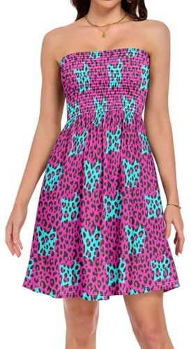 Wudan Bandeau-klänning utomhus resor axelbandslös tryckt vardaglig klänning för dagliga klädälskare, Magenta leopard, L