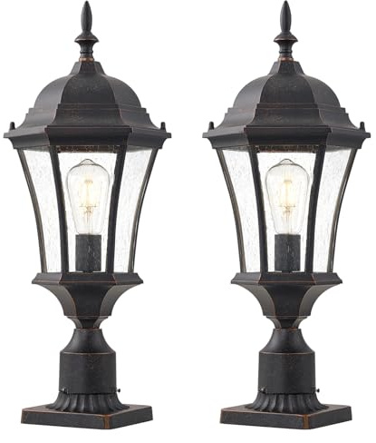 GOALPLUS Cast Aluminum 24 Large Outdoor Post Light with 3 Pier Mount, Bronze Exterior Pathway Pole Lights Fixture with Seeded Glass 2 Pack Outside Garden Post Lamp Lantern Head for Driveway, Yard