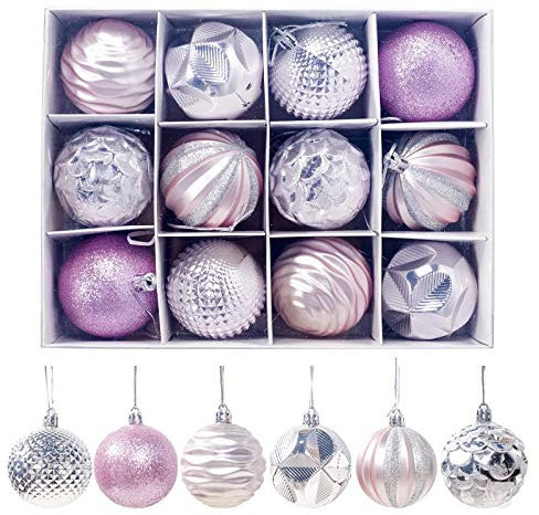 12er Set edle Weihnachtskugeln Ø 6cm Weihnachtsbaum Kugeln Christbaumkugeln Weihnachts-Deko Christbaum-Schmuck (Rosa)