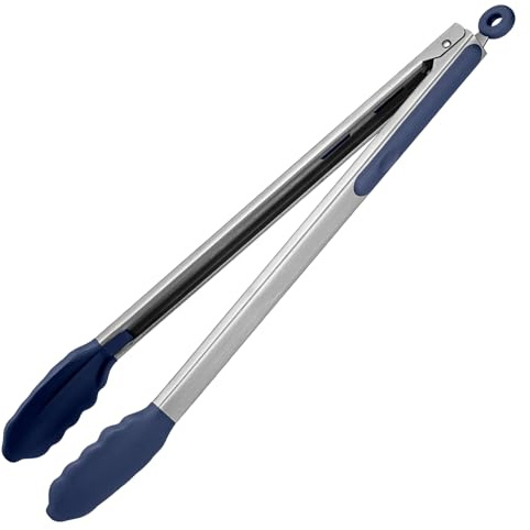 600ºF Heat Resistant Kitchen Tongs: U-Taste 16 in Extra Long Large Silicone Cooking Tong with Non Stick Rubber Tips & Non Slip Silicon Coated 18/8 Stainless Steel Handle for Grill BBQ (Midnight Blue)